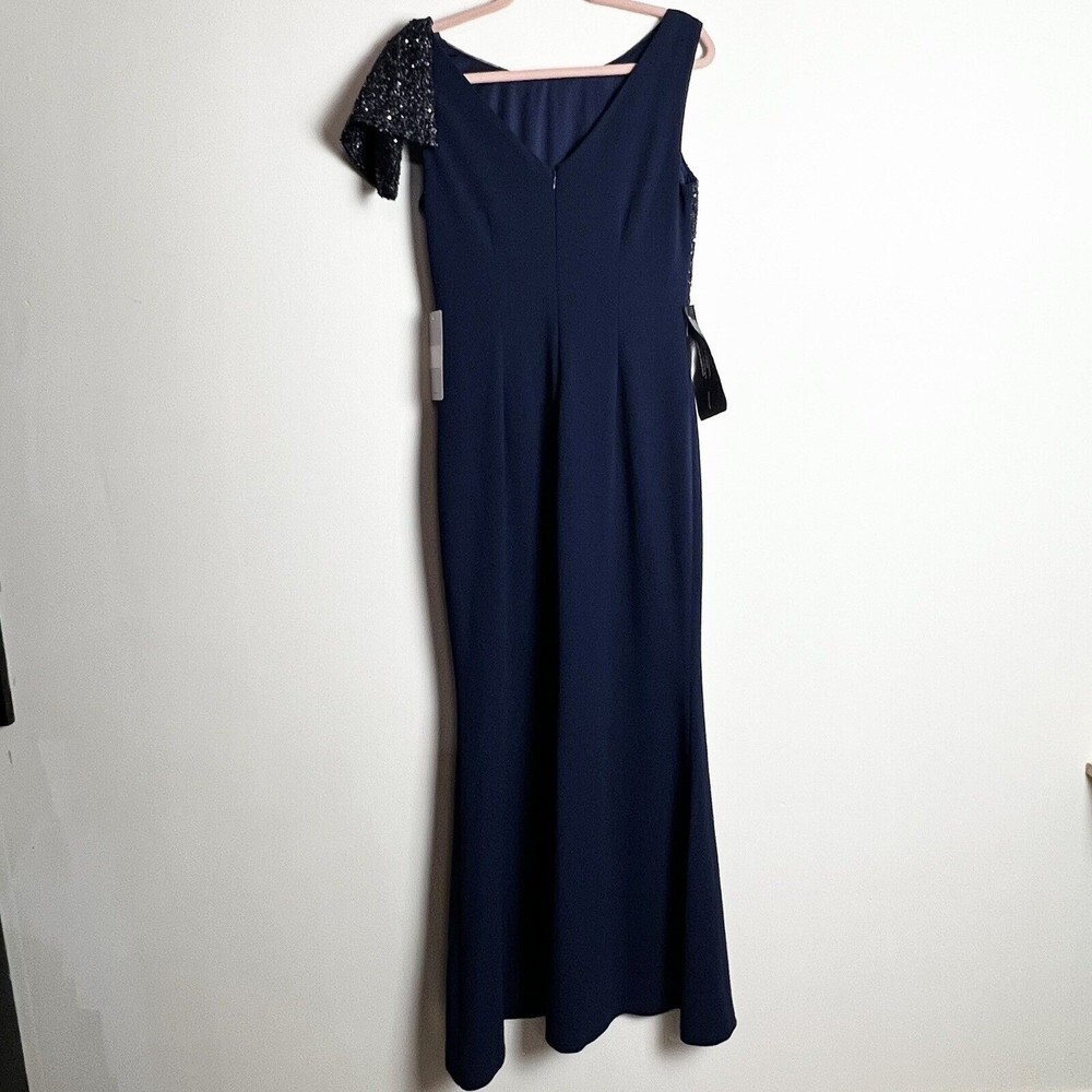JS Collection Kennedy Draped Mermaid Maxi Dress Gown Navy NWT Sequins Sz 6 - Picture 8 of 16